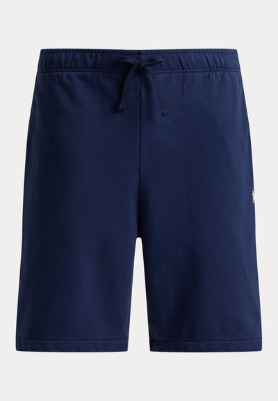 Navy blue casual shorts with elastic waistband and drawstring, featuring a small white logo on the right side.