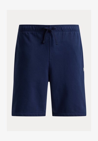 Navy blue casual shorts with elastic waistband and drawstring, featuring a small white logo on the right side.