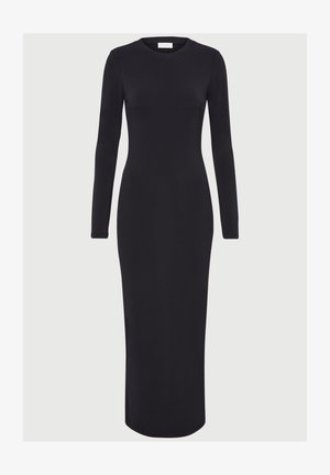 Ilgi piedurkņu pieguļošs melns kleita, izgatavota no stiepjama auduma, ar apaļu kakla izgriezumu un taisnu siluetu, kas sasniedz puslīdz otas.