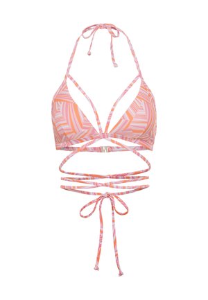 Haut de bikini à rayures rose et blanches avec un design triangulaire, comportant plusieurs découpes et des fermetures à nouer au cou et dans le dos.