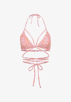 Top bikini a strisce rosa e bianche con un design triangolare, caratterizzato da numerosi ritagli e chiusure a fiocco al collo e sulla schiena.