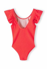 Maillot de bain une pièce côtelé en corail vif, doté de manches ballon et d'un décolleté en V profond. Doublure intérieure lisse et design à cuisses haute.