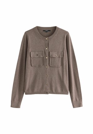 Brown knitted cardigan with round neckline, front button closure, two chest pockets, and gold-tone buttons. Smooth texture, long sleeves.
