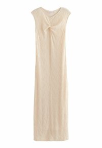 Robe sans manches beige clair avec un détail de devant tordu, présentant des rayures verticales texturées sur toute la longueur et une silhouette longue et droite.