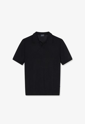 Schwarzes Kurzarm-Polohemd mit klassischem Kragen und dezentem V-Ausschnitt, schlichtes Design, flach auf weißem Hintergrund präsentiert.