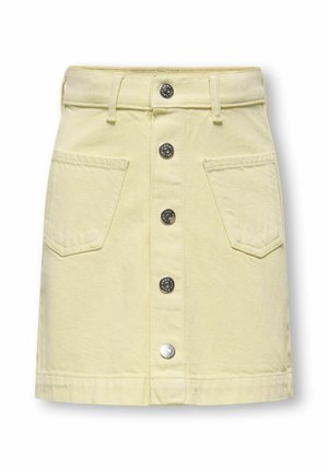Żółta spódnica jeansowa z metalowym guzikiem z przodu i dwoma przednimi kieszeniami naszywanymi, szlufki na pasek w talii.