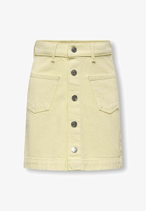 Żółta spódnica jeansowa z metalowym guzikiem z przodu i dwoma przednimi kieszeniami naszywanymi, szlufki na pasek w talii.