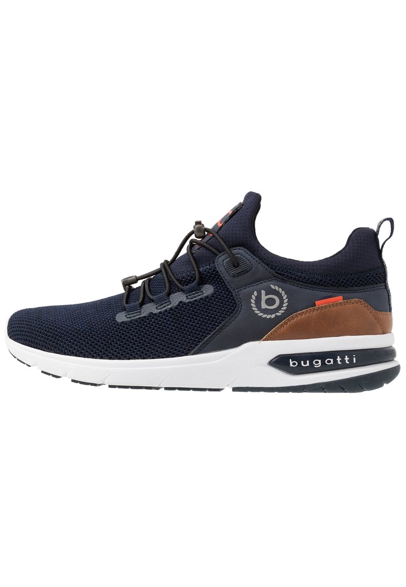 Navy mesh athletic shoes with a white midsole, brown leather accents, and black rubber grip outsole, featuring elastic laces and logo detail.