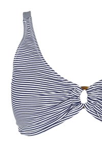 Modra in bela prosta bikini zgornji del s trikotno obliko, z vozelčkom v središču in okroglo zlatno obrobo. Mehka tekstura tkanine.