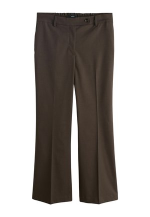 Braune Hose mit geradem Bein, Knopfverschluss, Gürtelschlaufen und elastischem Bund hinten.