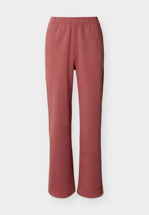 Roostevärvi sirge lõikega püksid elastse vöökohaga ja küljetaskutega, valmistatud siledast ja pehmest kangast.