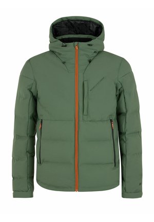 Grønne pufferjakke med lynlås foran, hætte og orange lynlåsdetaljer. Har to sidelommer og en brystlomme. Glat overflade.