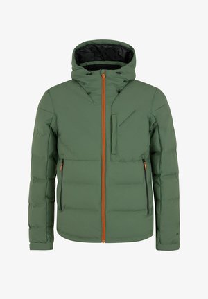 Grønne pufferjakke med lynlås foran, hætte og orange lynlåsdetaljer. Har to sidelommer og en brystlomme. Glat overflade.