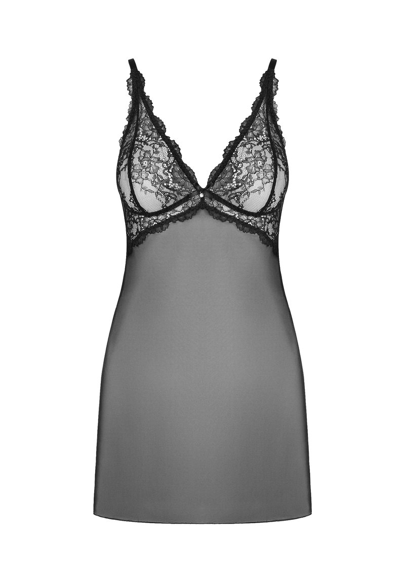 Czarna koronkowa koszulka na ramiączkach z przezroczystym wzorem, regulowanymi ramiączkami oraz falbaniastym wykończeniem z koronki w okolicy biustu i dołu.
