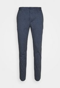 Námořnické modré pruhované kalhoty vyrobené z lehkého materiálu, s úzkým střihem, knoflíkovým zapínáním a jemnými bílými svislými pruhy.