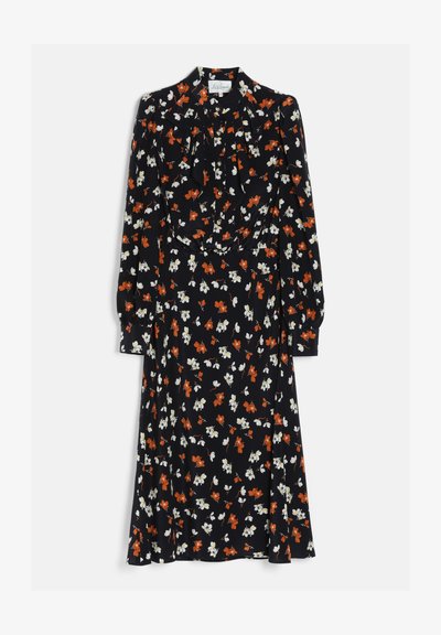Robe midi noire à manches longues avec imprimé floral orange et blanc, taille froncée et poignets boutonnés.