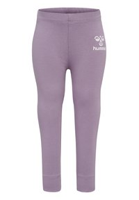 Lila leggings gjorda av mjukt, stretchigt tyg med resårmidja. Har en liten vit logotyp på vänster sida.