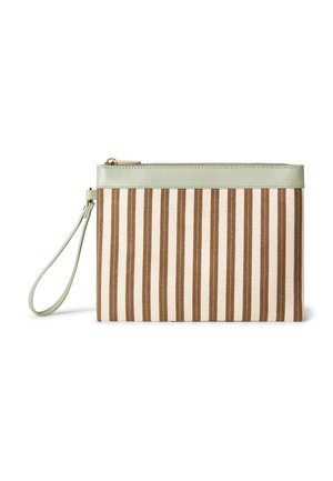Petit porte-poignet rectangulaire avec des rayures verticales marron et beige, une bordure vert clair et une sangle de poignet, fermeture éclair en haut.