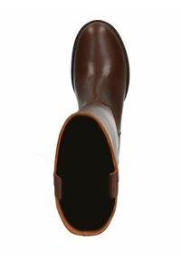 Botte en cuir marron avec une finition lisse, bout arrondi et intérieur sombre. Présente des accents contrastants en beige sur le dessus et les côtés.