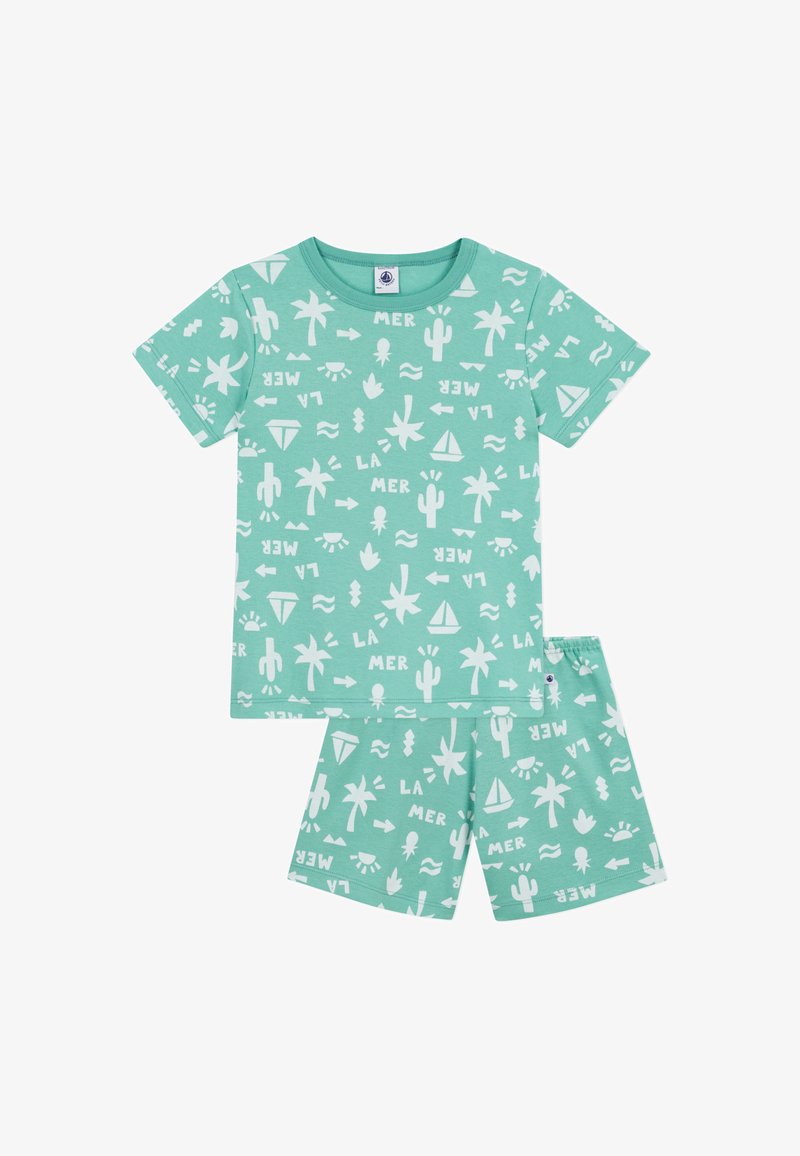 Ensemble de pyjama à manches courtes vert menthe avec des motifs blancs sur le thème de la plage, comprenant des palmiers, des voiliers et des cactus. Material en coton lisse.