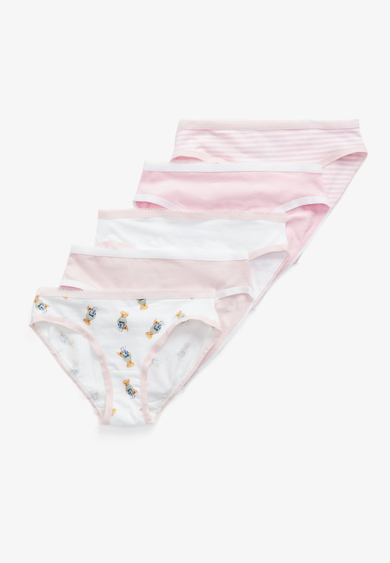 Seks par med jenters undertøy i rosa, hvite og stripete design. Har et tegneserieprint på ett par. Laget av myk bomull.