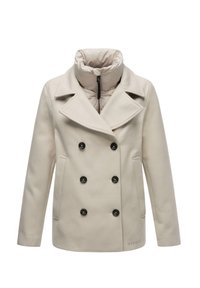 Manteau croisé de couleur crème avec un col cranté, doté de boutons noirs et d'un col intérieur rembourré amovible. Texture lisse.