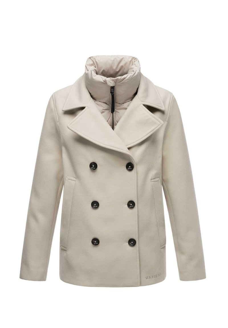 Manteau croisé de couleur crème avec un col cranté, doté de boutons noirs et d'un col intérieur rembourré amovible. Texture lisse.