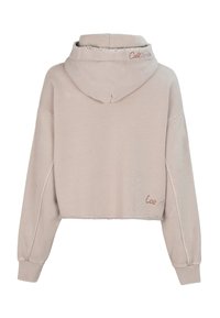 Lichtbeige cropped hoodie met lange mouwen, geribbelde manchetten, ruwe zoom en geborduurde teksten "California" en "Los Angeles" op de kap en achterkant.