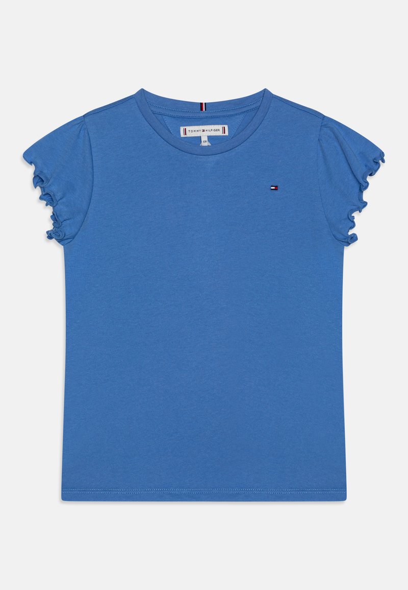 T-shirt blu a maniche corte in cotone. Presenta maniche arricciate e un piccolo logo sul petto. Tessuto liscio e vestibilità regolare.