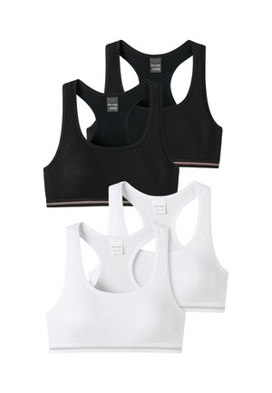 Two black and two white ribbed racerback sports bras arranged in pairs on a white background.
