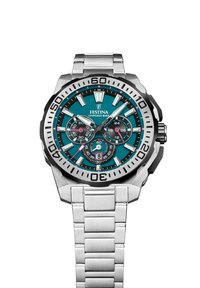 Reloj Festina Chrono Bike con una esfera teal, banda de acero inoxidable, acentos negros y tres subesferas. Números grandes y claros para una mejor legibilidad.