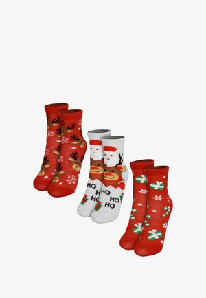 Vier Paare festliche Socken: rot mit Schneeflocken und Rentieren, grau mit dem Gesicht des Weihnachtsmanns und rot mit Geschenken und Zuckerstangen. Baumwollmischung.