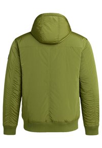 Olijfgroene hoodie-jack met een gladde voorkant, geribbelde onderrand en gestructureerde mouwen. Lichtgewicht, met een minimalistisch ontwerp en zonder externe details.