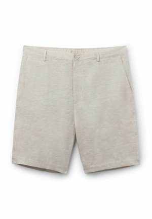 Beige Leinenmisch-Shorts mit Knopfverschluss, Gürtelschlaufen und Seitentaschen, flach auf weißem Hintergrund präsentiert.
