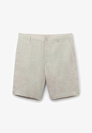 Beige Leinenmisch-Shorts mit Knopfverschluss, Gürtelschlaufen und Seitentaschen, flach auf weißem Hintergrund präsentiert.