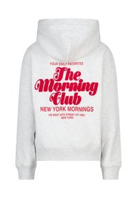 Gray hoodie with red embroidered text on the back. Features include a hood, ribbed cuffs, and a cropped design. текст.