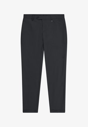 Pantaloni eleganti neri da uomo a taglio slim con passanti per cintura, tasche laterali e chiusura frontale con bottoni, esposti su sfondo bianco.