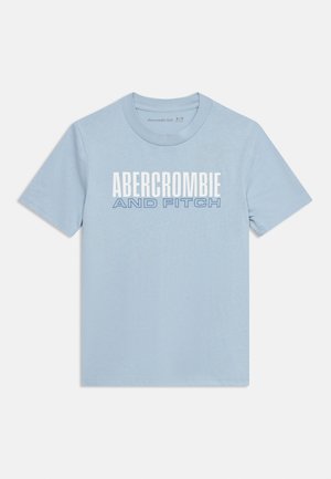 Šviesiai mėlynas trumpomis rankovėmis marškinėlis su baltu ir mėlynu užrašu „Abercrombie and Fitch“ priekyje, apvalia iškirpte, vaikams dydis 9/10.