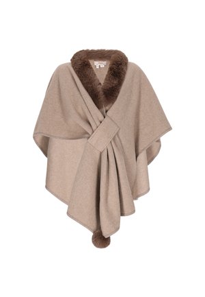 Taupe Poncho mit einem braunen Kunstfellkragen, Wickeldesign mit Knotendetail und einem Pompon-Akzent am unteren Rand. Weiche wollähnliche Textur.