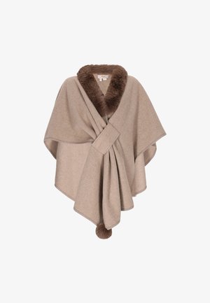 Taupe Poncho mit einem braunen Kunstfellkragen, Wickeldesign mit Knotendetail und einem Pompon-Akzent am unteren Rand. Weiche wollähnliche Textur.