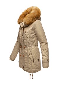 Beige parka jacket with a faux fur hood, quilted body, adjustable drawstring waist, and buttoned pockets. Ribbed cuffs and detailed stitching.