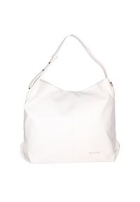 Borsa a spalla bianca in ecopelle con forma curva, una sola tracolla e dettagli cuciti sottili. Presenta il logo del marchio impresso.