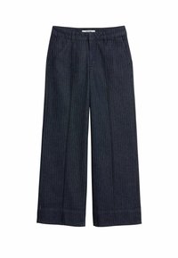 Breda byxor i mörk denim med vertikala ränder, med platt front, bälteshällor och uppvikta fållar.