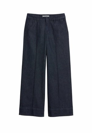 Weite Hosen aus dunkelblauem Denim mit vertikalen Streifen, flachem Vorderteil, Gürtelschlaufen und umgekrempeltem Saum.