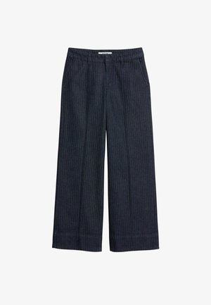 Wide-leg trousers in dark denim with vertical pinstripes, featuring a flat front, belt loops, and a cuffed hem.
