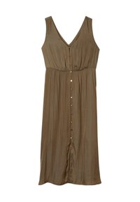 Olivengrünes ärmelloses Kleid mit V-Ausschnitt, gerafftem Taillenbereich und einer Reihe von Knöpfen auf der Vorderseite. Weicher Stoff mit angenehmer Textur.