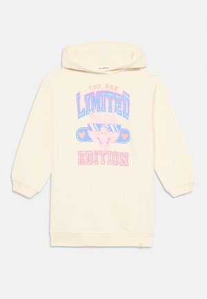 Cream hoodie with metallic and pastel graphic text "YOU ARE LIMITED EDITION" featuring a stylized animal wearing sunglasses. Soft texture.