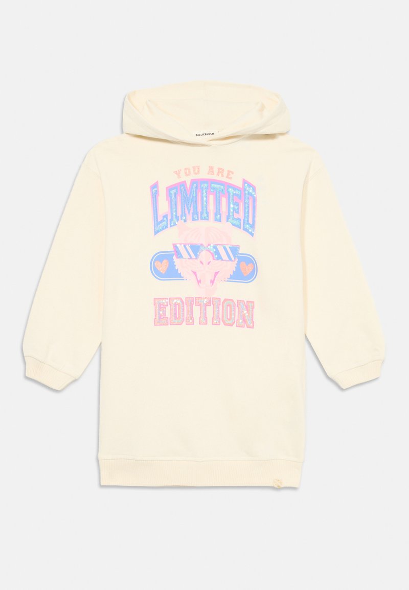 Cremfarbener Hoodie mit metallischen und pastellfarbenen grafischen Text "DU BIST EINE LIMITIERTE AUFLAGE", der ein stilisiertes Tier mit Sonnenbrille zeigt. Weiche Textur.