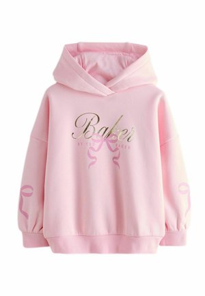 Pink hoodie with a soft texture, featuring a gold "Baker" logo and pink ribbon designs on the sleeves. Oversized fit and adjustable hood.