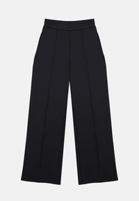 Pantalon noir à jambes larges avec taille haute, plis devant et poches latérales, présenté sur fond blanc.
